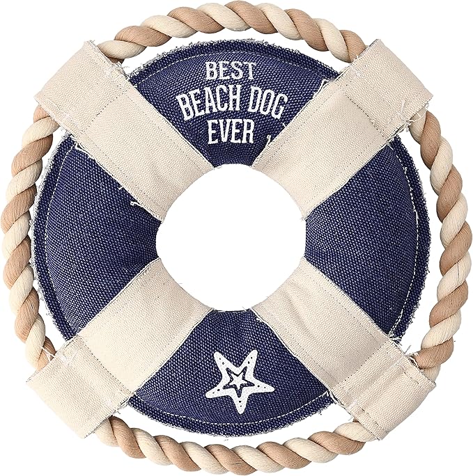 10" x 10" x 2" Blue Life Save Shape Best Beach Dog Ever Tug of War Rope Handle Sturdy Dog Toy, Dogs for Medium- Large Breeds