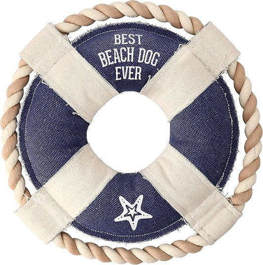 10" x 10" x 2" Blue Life Save Shape Best Beach Dog Ever Tug of War Rope Handle Sturdy Dog Toy, Dogs for Medium- Large Breeds