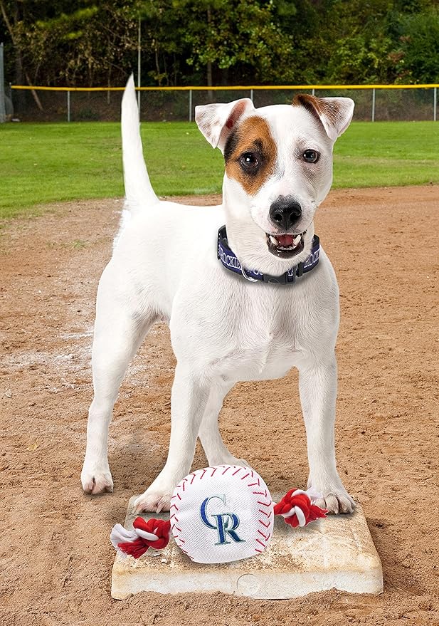 MLB COLORADO ROCKIES Baseball Rope Toy for DOGS & CATS. Tough nylon, Sporty Baseball Design, Heavy-duty ropes with Inner SQUEAKER