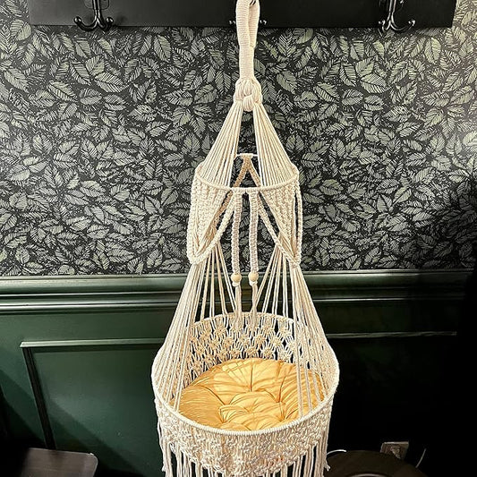 Macrame Cat Hammock - Boho Wall Hanging for Indoor Outdoor Home Decor, Pet Hammock for Sleeping, Playing and Lounging