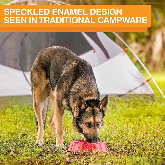 Neater Pet Brands - Outdoor Camping Style Pet Bowl - Enamel Ware Blue Black Granite Colors - Dog Cat No Tip Skid Bowls (64 oz, Red)