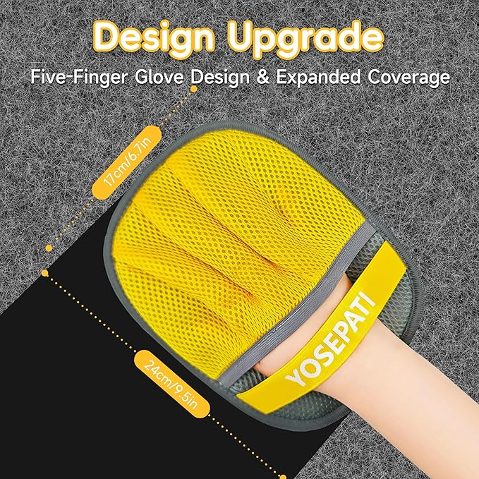 Magic Brush Pet Hair Removal Glove for Cats & Dogs, Ectrostatic Five-Finger Fur Remover, The Magic Brush Pure Path Grooming Remover Glove for Laundry, Carpet & Car Seat (Grey & Yellow)