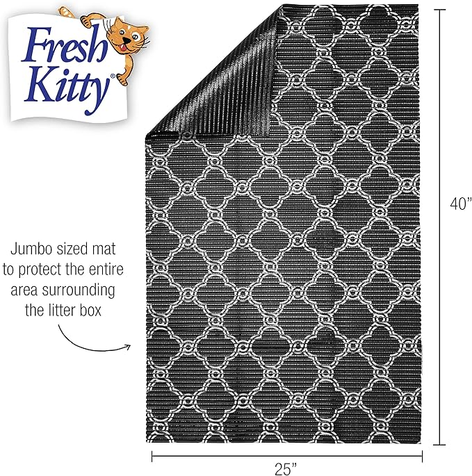 Fresh Kitty Durable XL Jumbo Foam Litter Box Mat – No Phthalate, Water Resistant, Traps Litter from Box, Scatter Control, Easy Clean Mats – Black & White 40"x 25", Black/White Quatrefoil (9036)