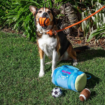 Glow Pups Dog Toy Sports Bag Hide and Seek Interactive Dog Toy with 6 Plush Squeaky Balls, Crinkle 10 Inches Long, Soft Plush, Blue and Yellow Sports Bag with Basketball, Soccer and Football