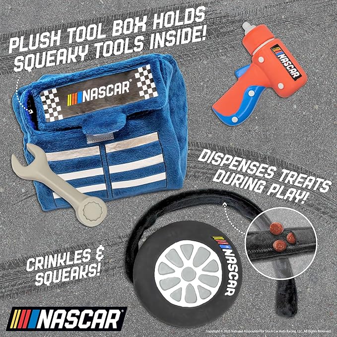 design LAB, Inc. NASCAR Official Merchandise | NASCAR Toy Rubber Race Car, Plush Toy Tool Box & Impact Wrench Gift Set | Interactive Squeaky Pet Toys for Dogs