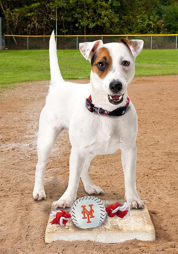 Pets First Baseball Rope Toy for DOGS & CATS. Tough nylon, Sporty Baseball Design, Heavy-duty ropes with Inner SQUEAKER