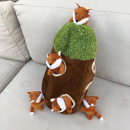 Fox in Tree Hide and Seek Dog Toy for Small and Medium Size Dogs, Plush Fox Inside Trunk Dog Toy with Squeaker, Interactive Burrow Dog Toy (Tree with Fox, Large)