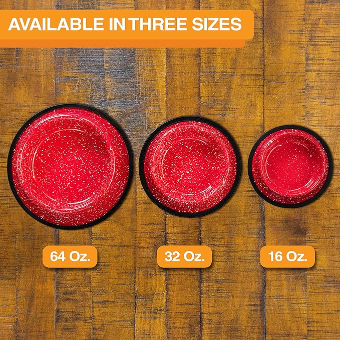 Neater Pet Brands - Outdoor Camping Style Pet Bowl - Enamel Ware Blue Black Granite Colors - Dog Cat No Tip Skid Bowls (64 oz, Red)
